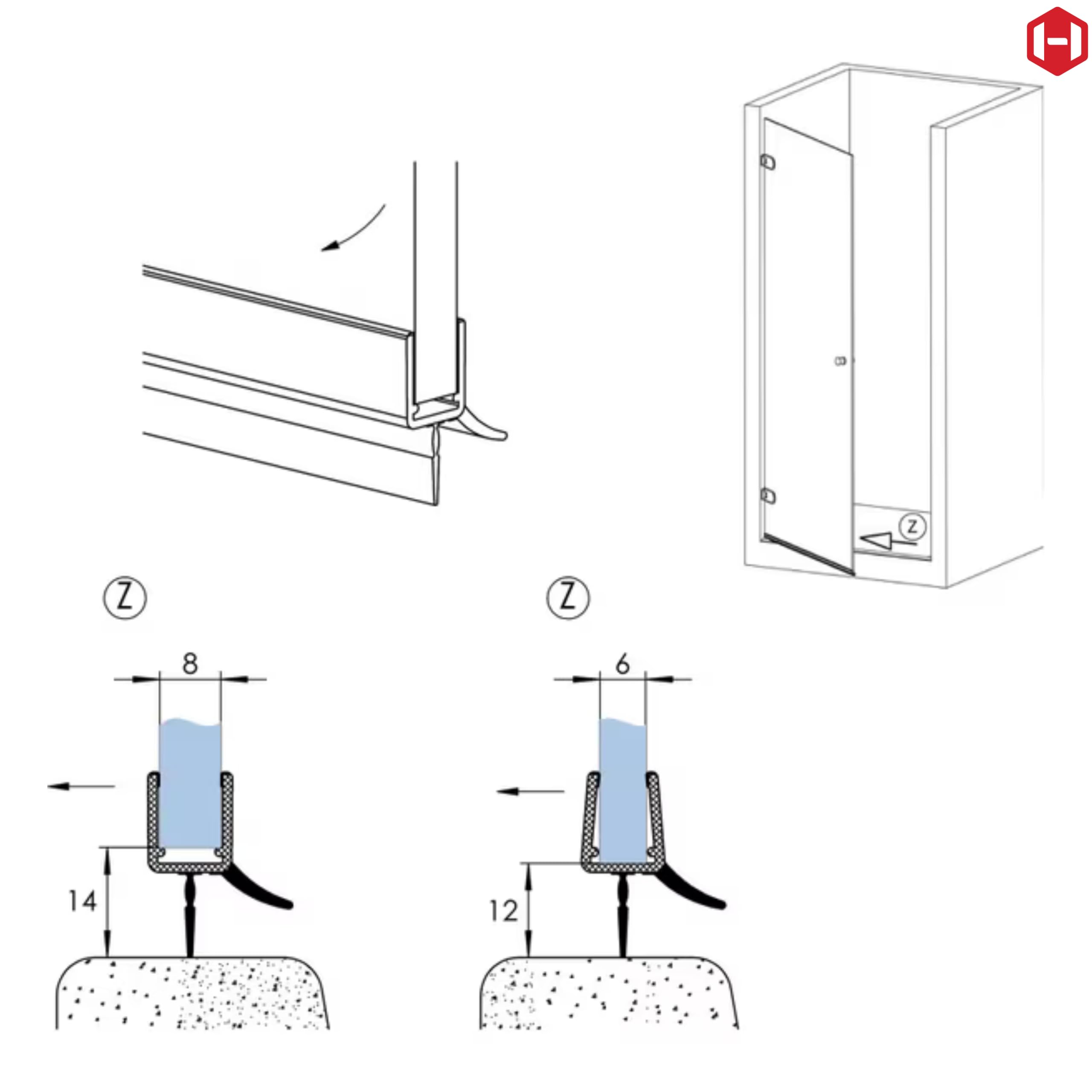 Gedotec Uszczelka do kabiny prysznicowej, czarna, premium uszczelka z bocznym otworem na szybersztyft, 700 mm, grubość szkła 6-8 mm, uszczelka drzwi, PVC, odporna na wodę, uszczelki do kabin