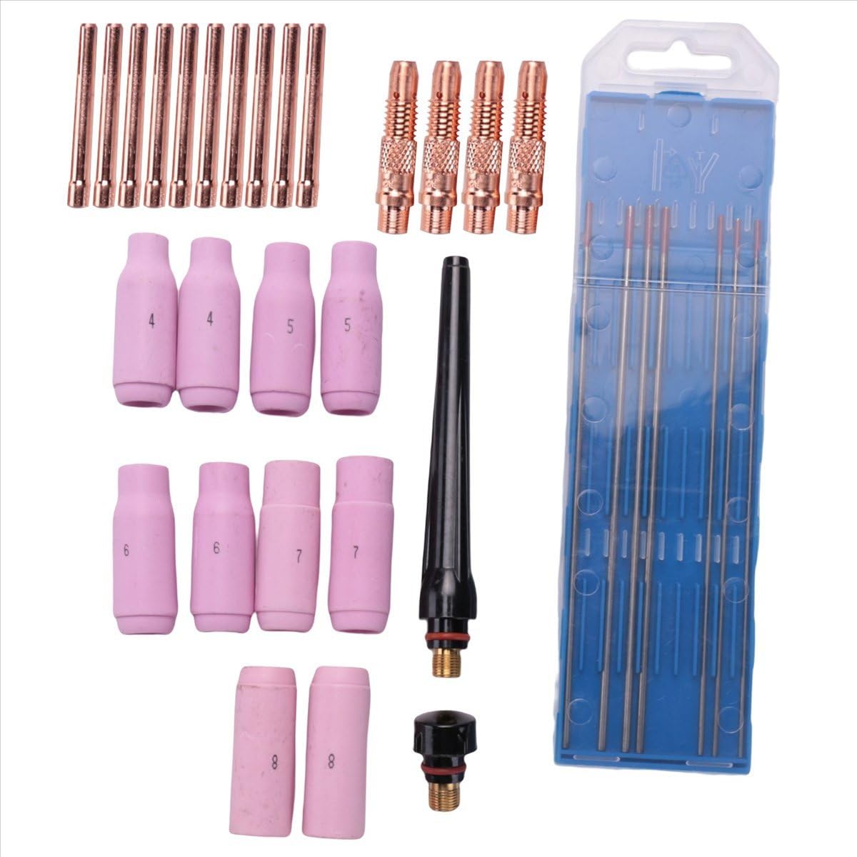 Zestaw akcesoriów spawalniczych TIG, tuleje adapterowe + obudowa + dysze ceramiczne + elektrody wolframowe do palnika -26