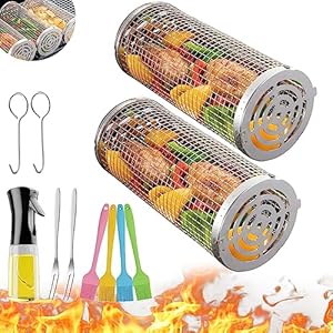 Rolling Grilling Baskets for Outdoor – Grill Grate Charcoal Round BBQ Stainless Steel Basket Campfire Grid Camping Picnic Cookware