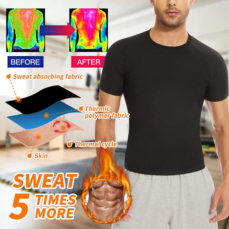 SHAPERIN Sauna Shirt for Men Short Sleeve Sauna Top Heat Trapping T-shirt Sauna Suit Sweat Vest Body Shaper Gym Workout (Black,L)