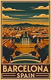 Genérico Póster vintage con gran vista de la Plaza de España, Barcelona y el paisaje de Montjuic