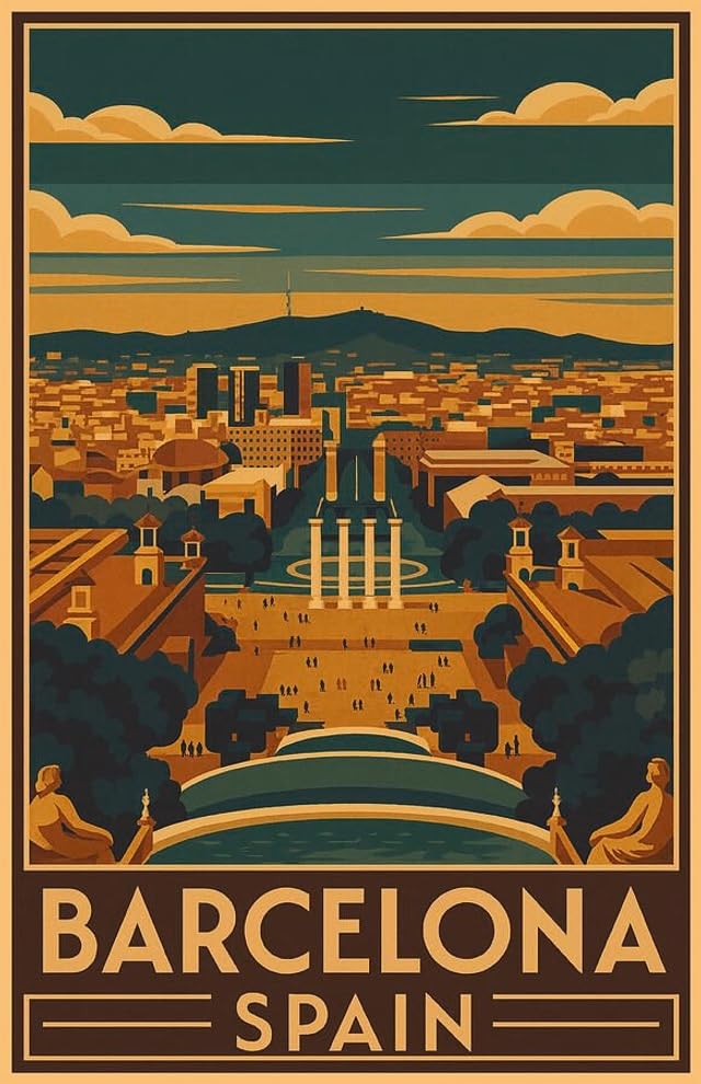 Póster de Barcelona vintage de gran calidad visual con Plaza de España y paisaje de Montjuic