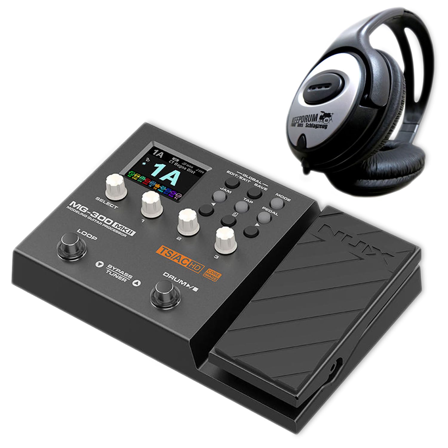 NUX MG-300 MKII Multi-Effektgerät Amp-Modeler Effektpedal für E-Gitarre + keepdrum Kopfhörer