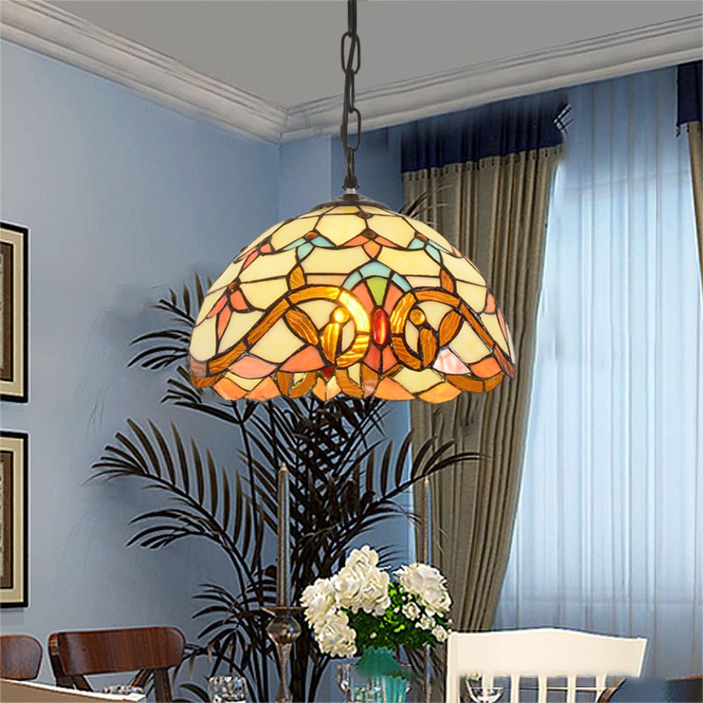 XINYASEE Vintage Tiffany Pendant Light, Glass Light Shade, E27 Socket, Height Adjustable Ceiling Hanging Light Fixture for Kitchen Island and Dining Room (Baroque, 40CM)