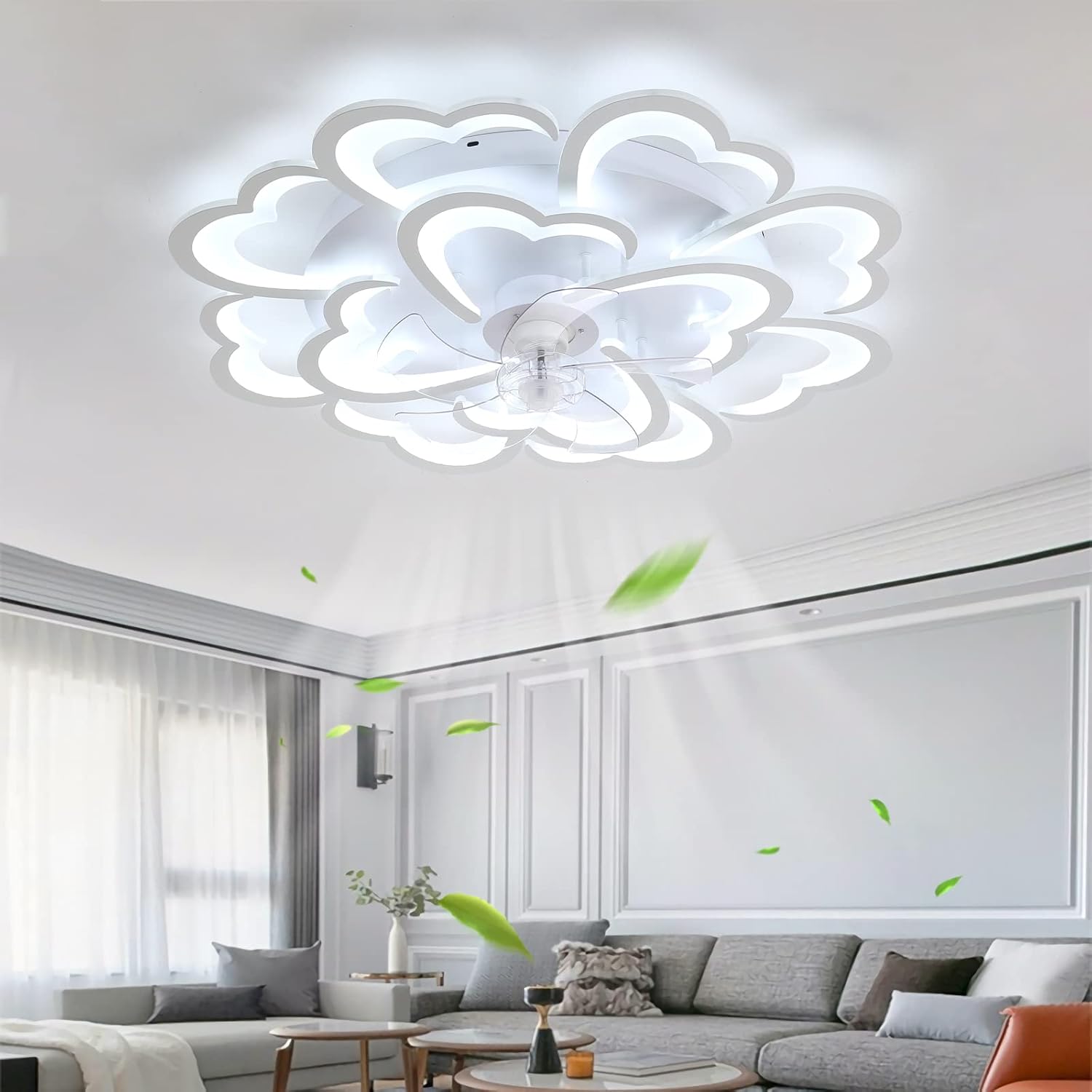 YUEGOO Ceiling Fans with Lamps,Flower Ceiling Fan with Light and Remote Control Reversible Fan Ceiling Light 6 Air Speeds for Bedroom Living Room/88Cm