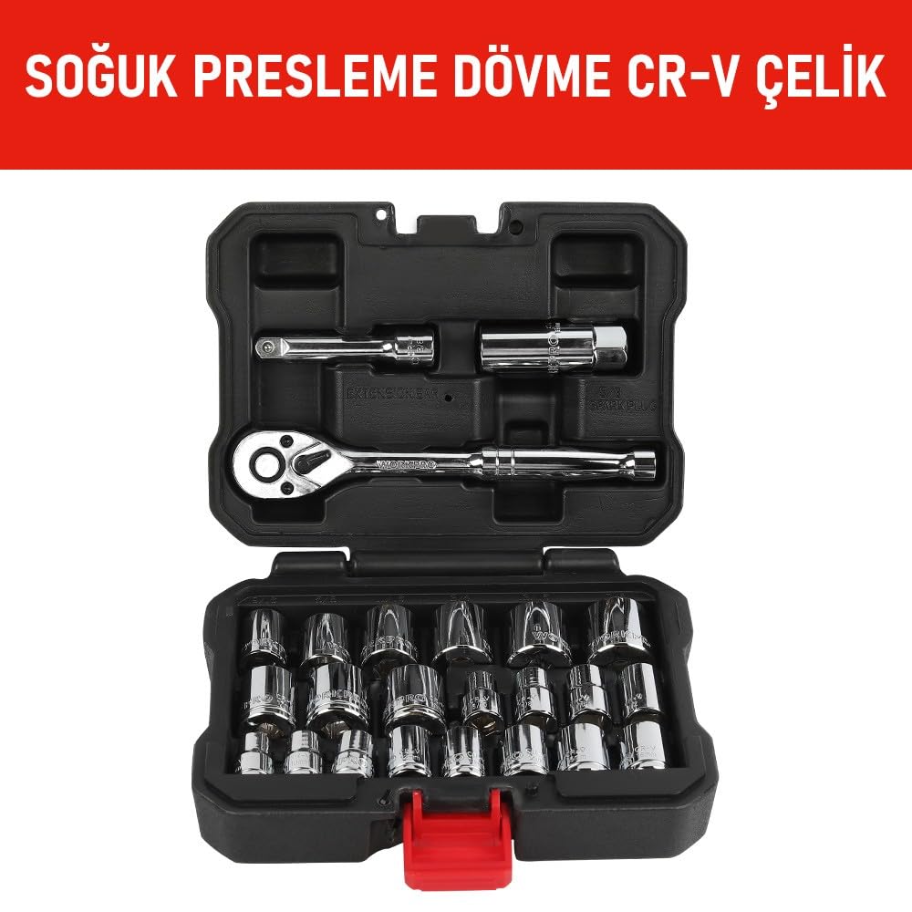 WORKPRO WP202541 3/8'’ CR-V 24 Parça Metrik/İnç Ağır Hizmet Lokma Takımı
