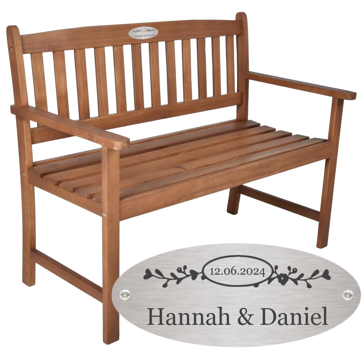 Hochzeitsbank mit Gravur zB. Ranken (Namen/Datum) Gartenbank Basic 110cm Akazie geölt, Edelstahlschild personalisiert, Bank Geschenk zur Hochzeit