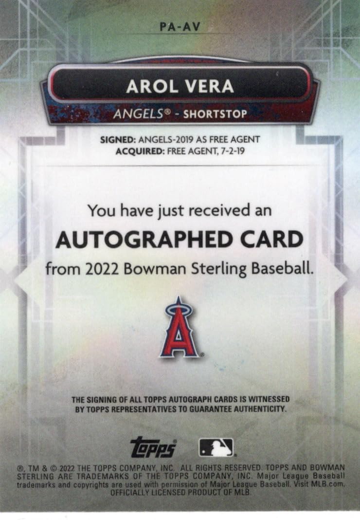 Arol Vera Autographed & Serial Numbered #72/75 Orange Parallel Bowman Sterling Prospects Collectible Baseball Card - 2022 Bowman Sterling Baseball Card #PA-AV (Angels)