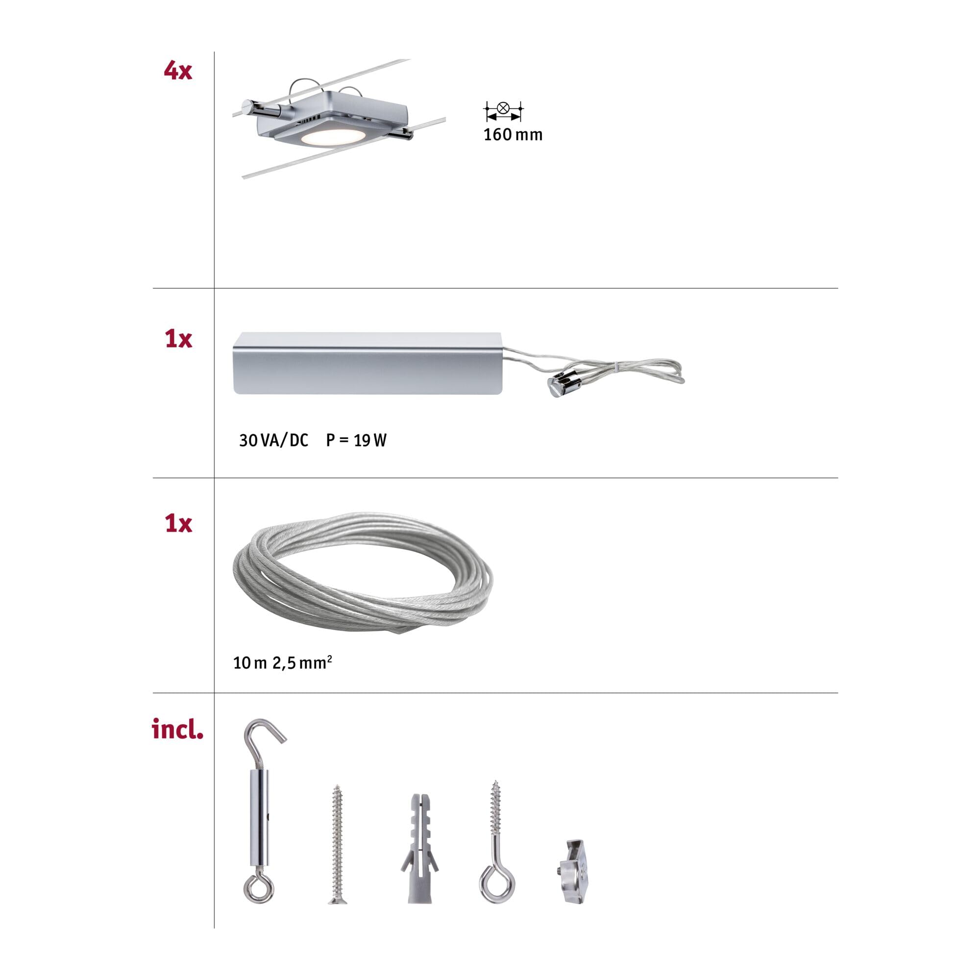 Paulmann 94107 Sistema de cable MacLED Set extensible Blanco cálido 4x4W LED Cromo mate Luminaria de cable Luminaria de suspensión
