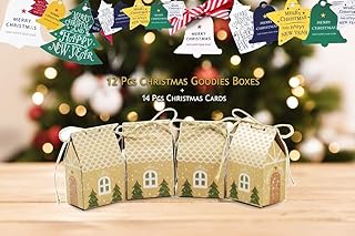 12 Pack Mini Christmas Treat Boxes - Gift Boxes - Small Gift Boxes with Window Graphics - Wedding Party Favor - Valentine Gift Boxes - Festival Holidays Treat Boxes - Birthday Favor Boxes - Candy Goodie Bags - Easy Assembly Gift Card Box with Greeting Cards (Little Village House)