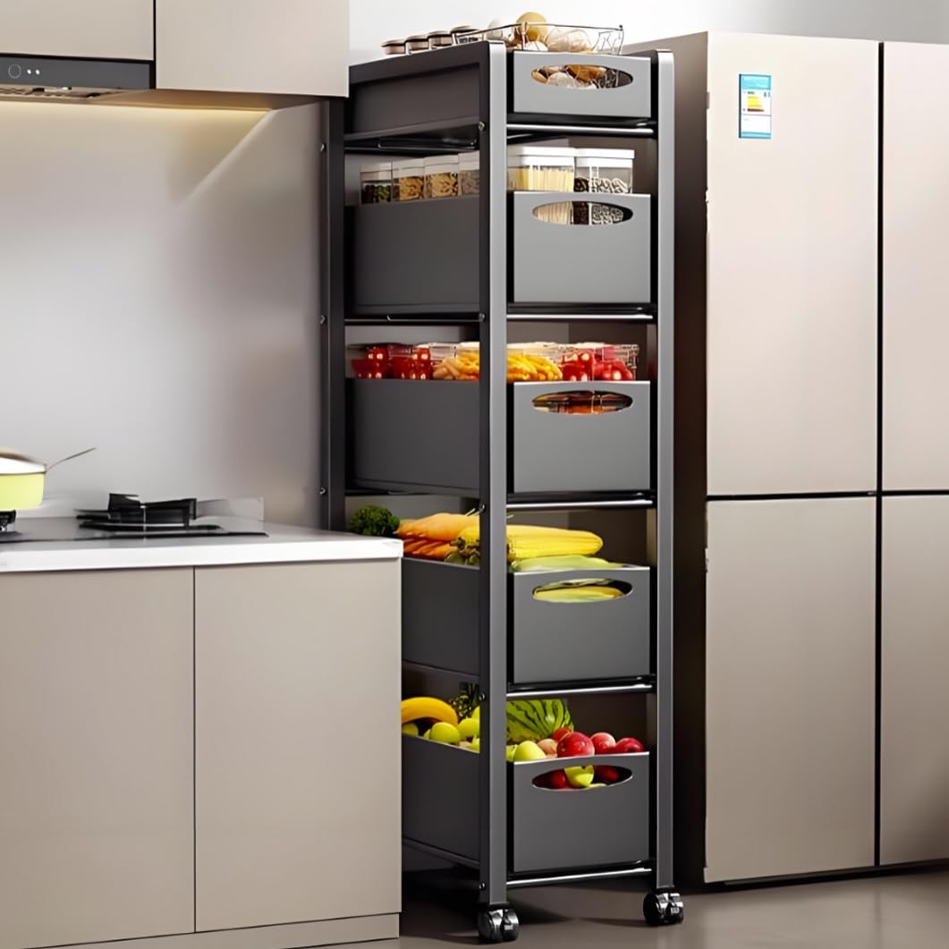 Carrello portaoggetti sottile in metallo a 5 ripiani, con ruote, salvaspazio, per cucina, bagno, colore: nero (26,9 x 38,9 x 134,9 cm)