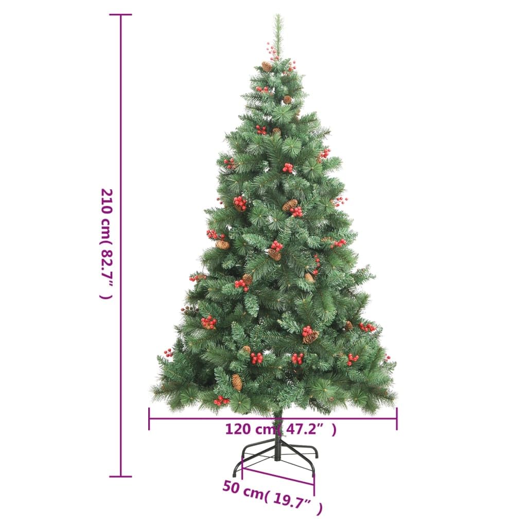 Árbol de Navidad artificial plegable con piñas y bayas, 210 cm, PVC, con soporte de metal para salón, balcón, terraza, interior, decoración de Adviento