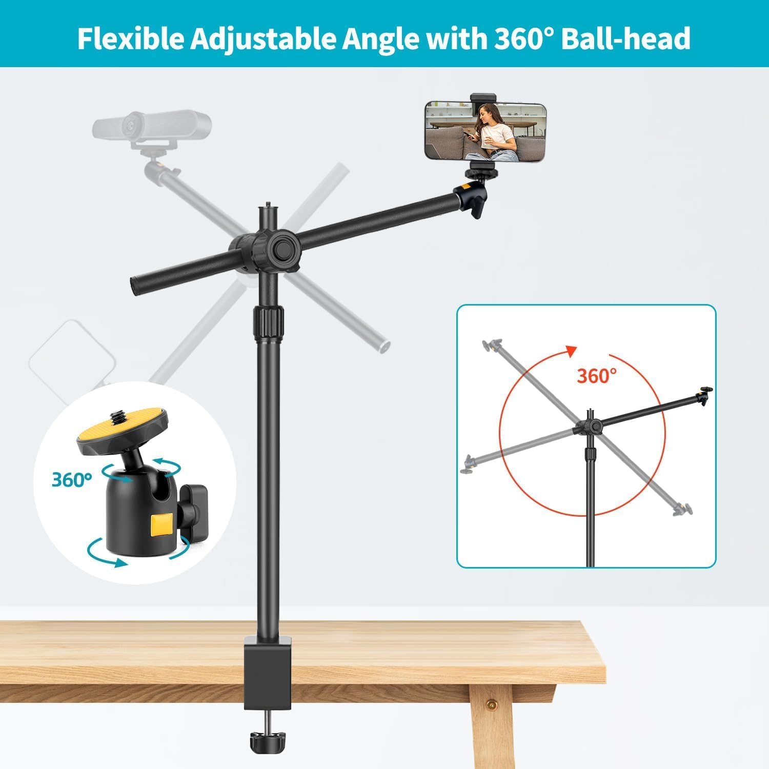 OS02 Supporto da tavolo per Fotocamera, 31 – 97 cm, Regolabile, per DSLR, Treppiedi con Braccio Flessibile e Testa a Sfera da 1/4" per Fotocamera, Luce ad Anello Live Streaming