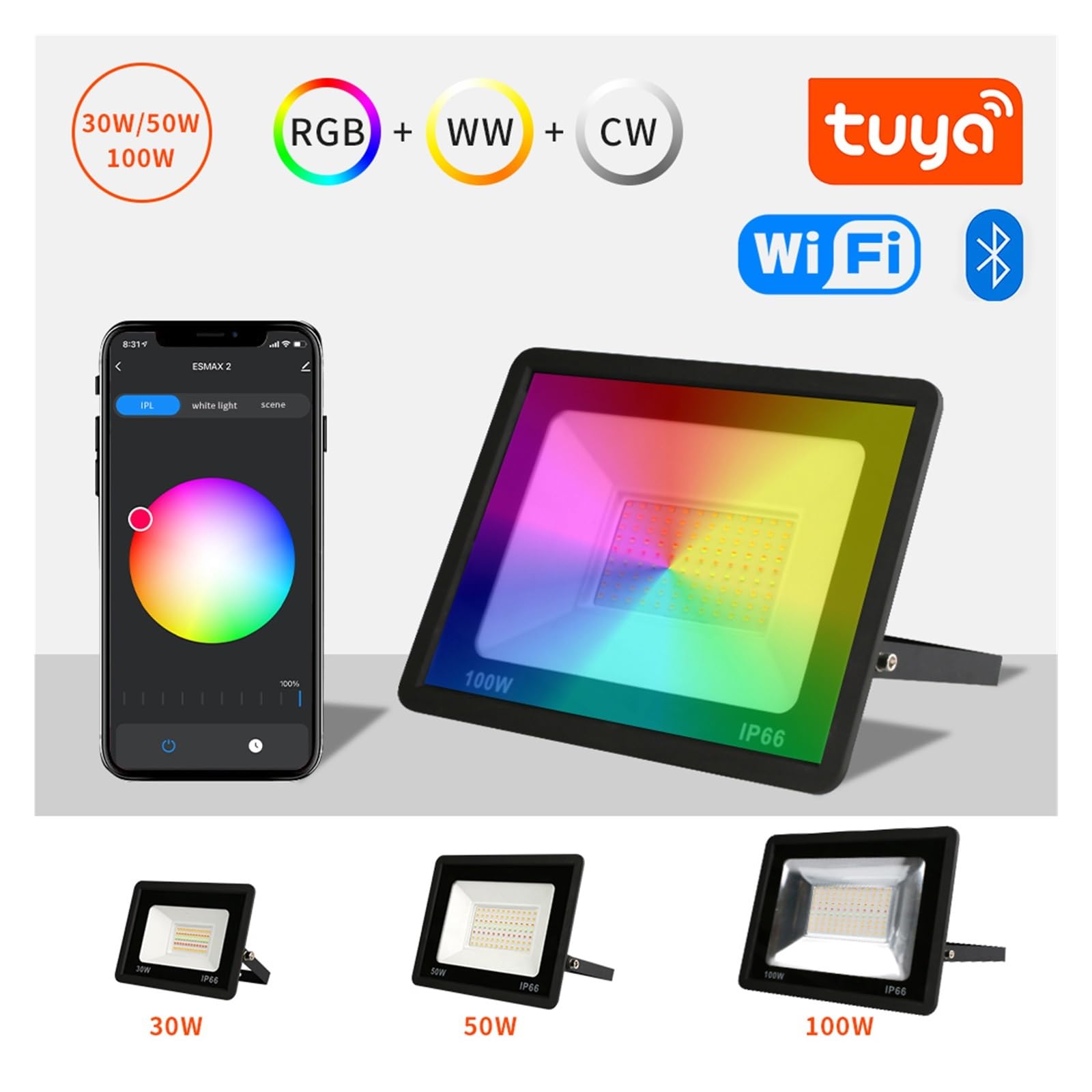 Proiettore LED RGB Riflettore Intelligente 30W 50W 100W Faretto Esterno Impermeabile Illuminazione Da Parete Tuya Di Controllo Giardino Garage da giardino(30W)