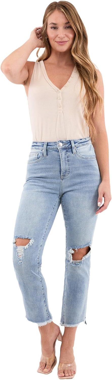RFM Dylan High Rise Slim-Fit Straight Crop Fray Jeans with Built-in Tummy Control - Premium Stretch Denim (Available in Plus) - Image 8