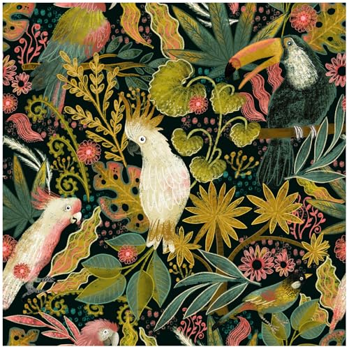 Dark Green Tropical Jungle Peel and Stick Wallpaper Exotic Bird Botanical