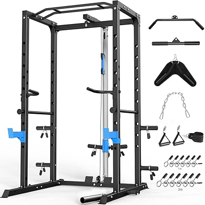 Power Cage, Multi-Functional Power Rack with J-Hooks, Dip Handles, Landmine Attachment and Optional Cable Pulley System for Home Gym
