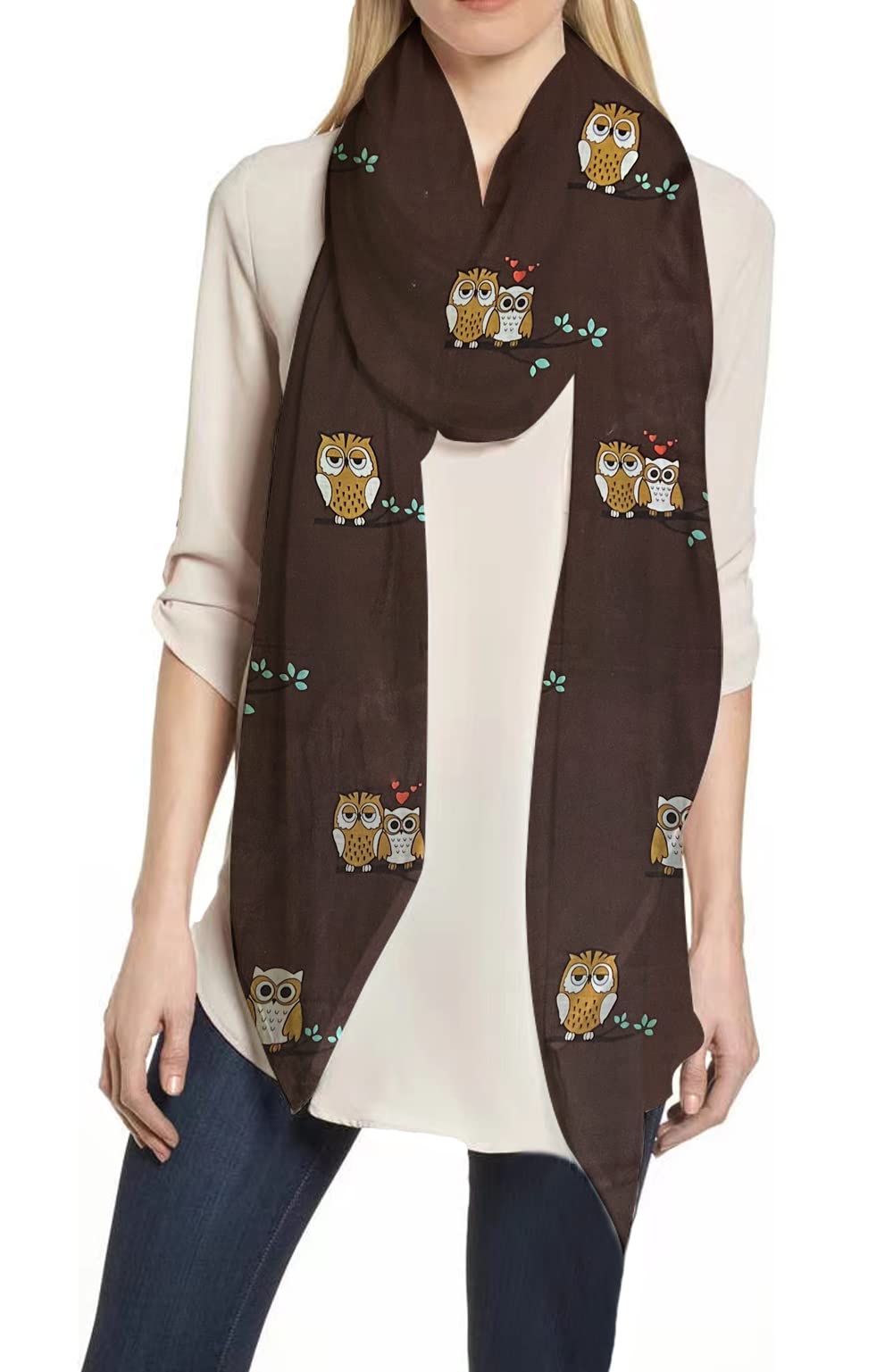 Lina & Lily Women's Dark Brown Owl Print Large Scarf Shawl Wrap Lightweight (Dark Brown)