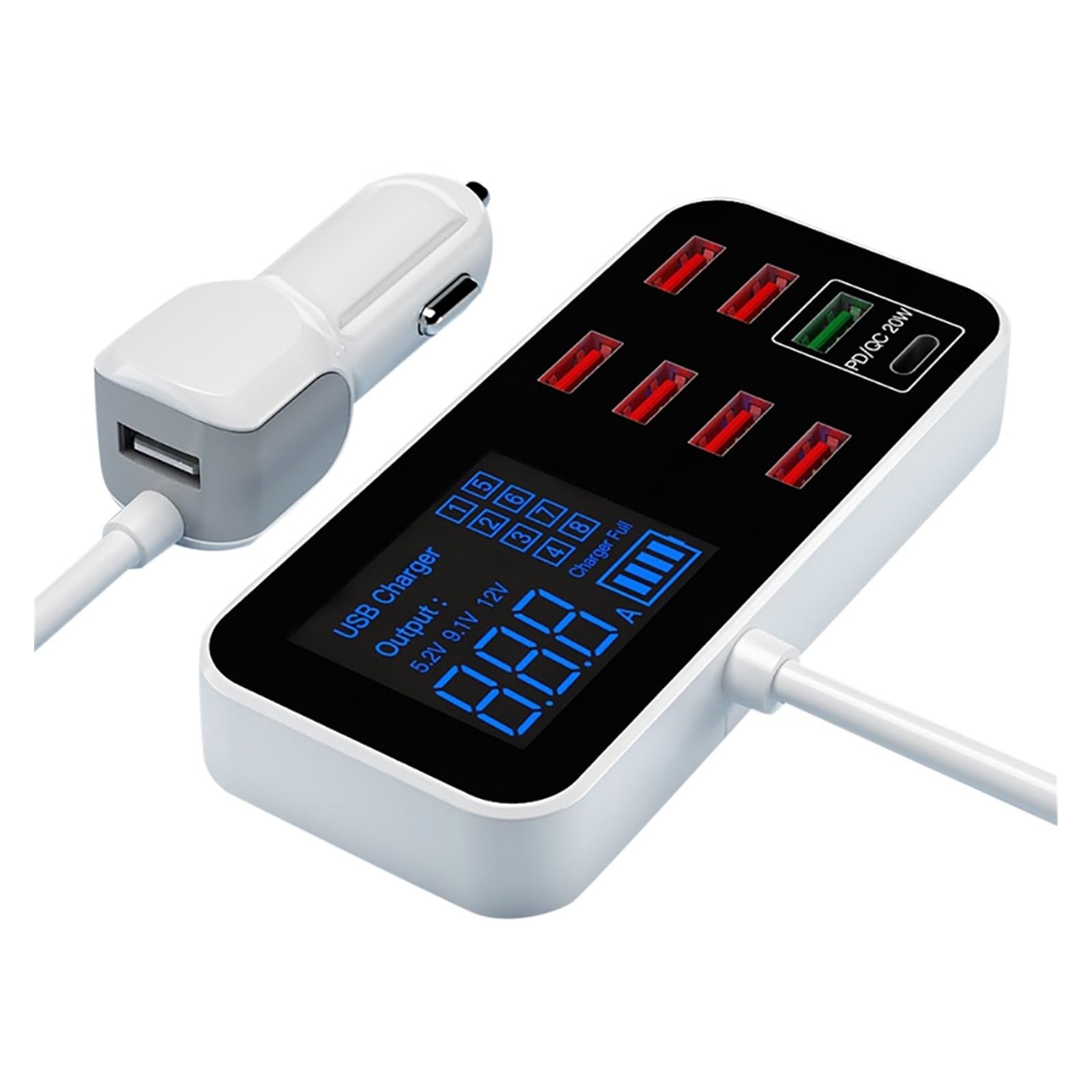 Wieloportowa ładowarka USB 8-portowa stacja ładująca do zapalniczki samochodowej z wyświetlaczem LCD Ultracienka ładowarka samochodowa Uniwersalna kompatybilność
