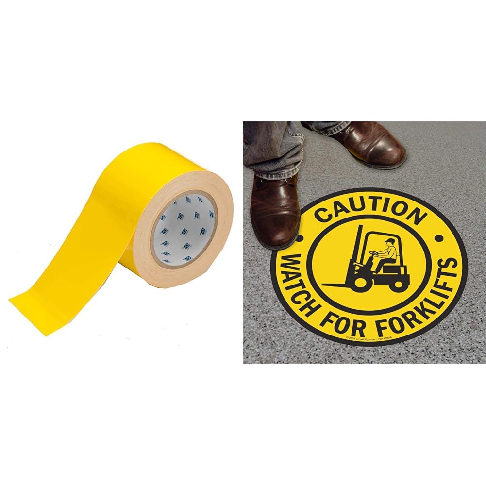 Brady - 104342 ToughStripe Floor Marking Tape - Yellow, Non-Abrasive Tape - 3" Width & SmartSign - SF-0098-FO-17 Caution - Watch for Forklifts Anti Slip Adhesive Floor Sign | 17" x 17" Black