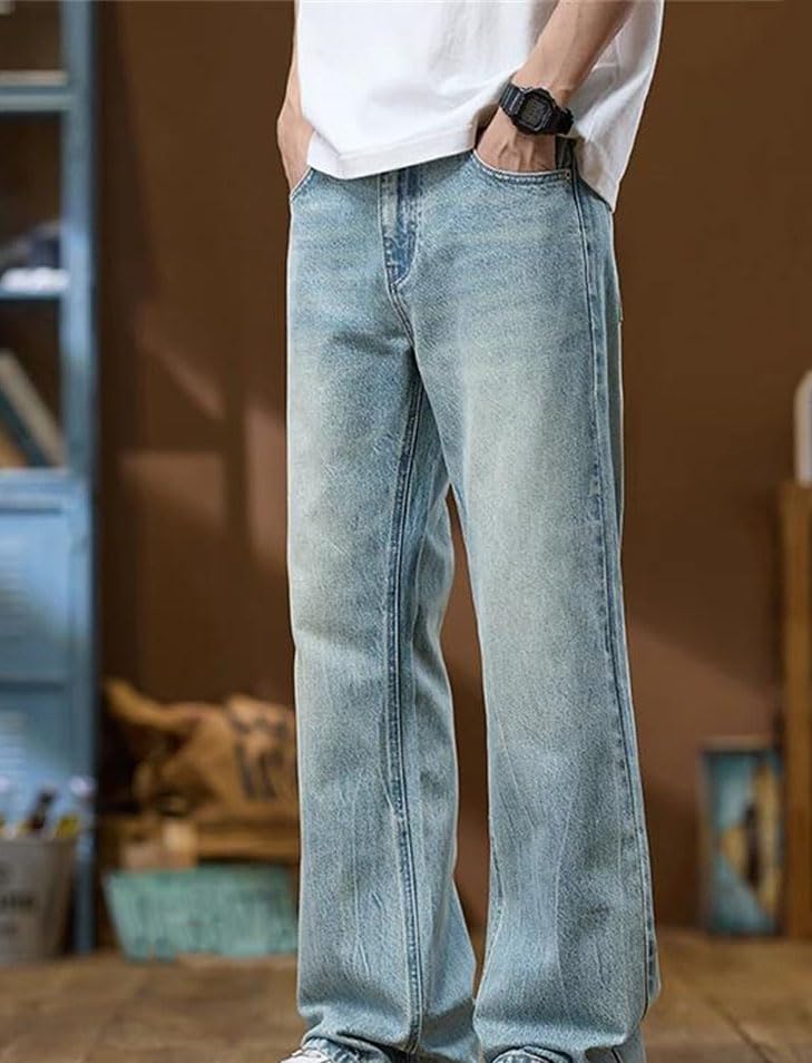 Mens Flared Jeans Loose Fit Vintage Streetwear Lightweight Casual Washed Denim Pants2