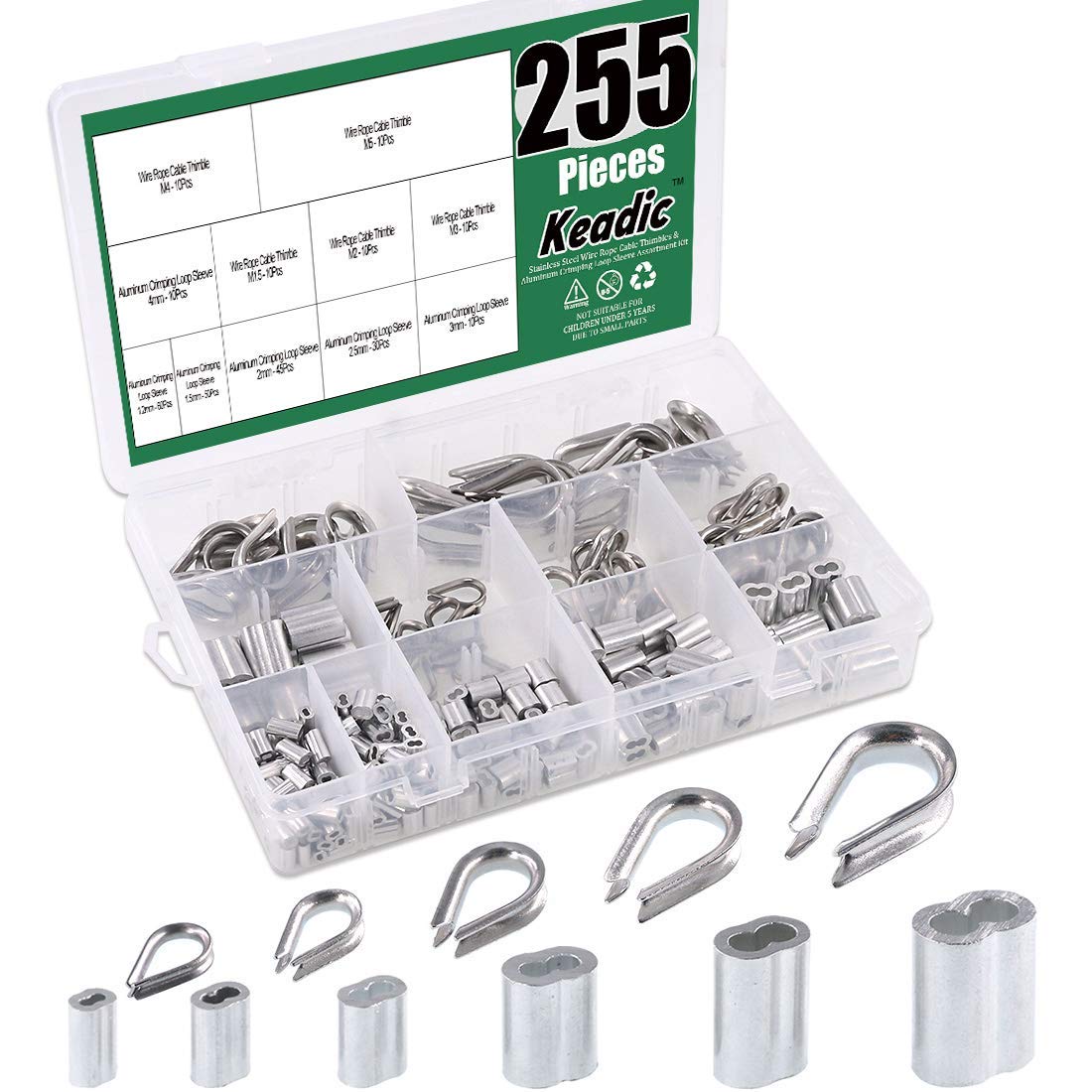 ˇ180pcs Crimping Loop Sleeve Kit 6‑Size Aluminum Double Barrel Ferrule
