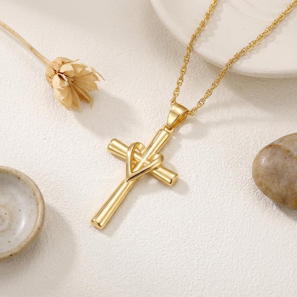 Cross Necklace for Women 14K Gold Cross Necklaces for Women Gold Crosses Chain Pendant Necklaces for Womens Heart Fusion Design Womens Crosses Necklace 30 * 18mm