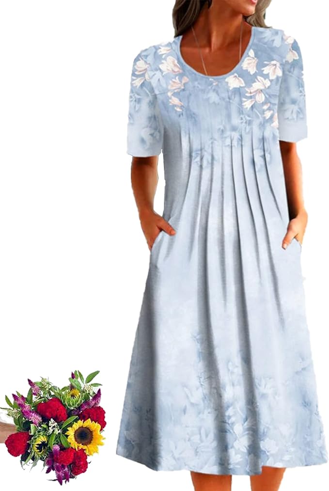 Deuyo Dresses for Mature Ladies,Casual Loose Floral Crew Neck Print Pleated Midi