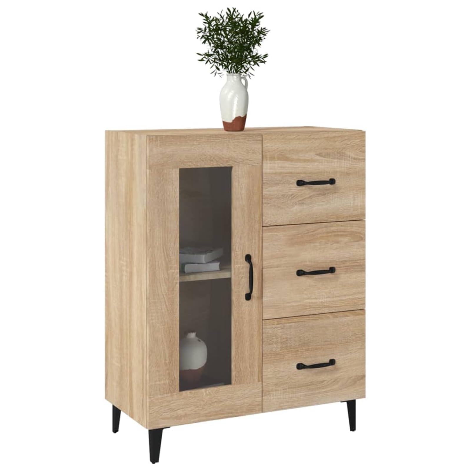 Gecheer Aparador Aparador Cocina Buffet para Comedor con Armarios Cajones Estantes Vitrinas Almacenaje Multiusos Mesa Consola Auxiliar Madera Color Roble 69,5x34x90 cm