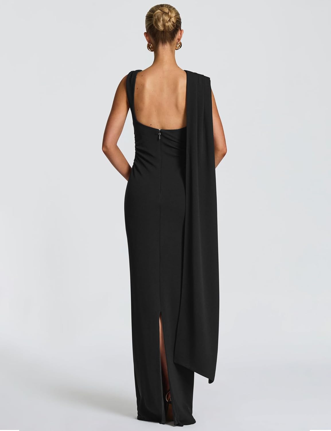 Azhong Women's Backless Boat Neck Slit Maxi Dress Wedding Guest Dress Cocktail Formal Evening Gown