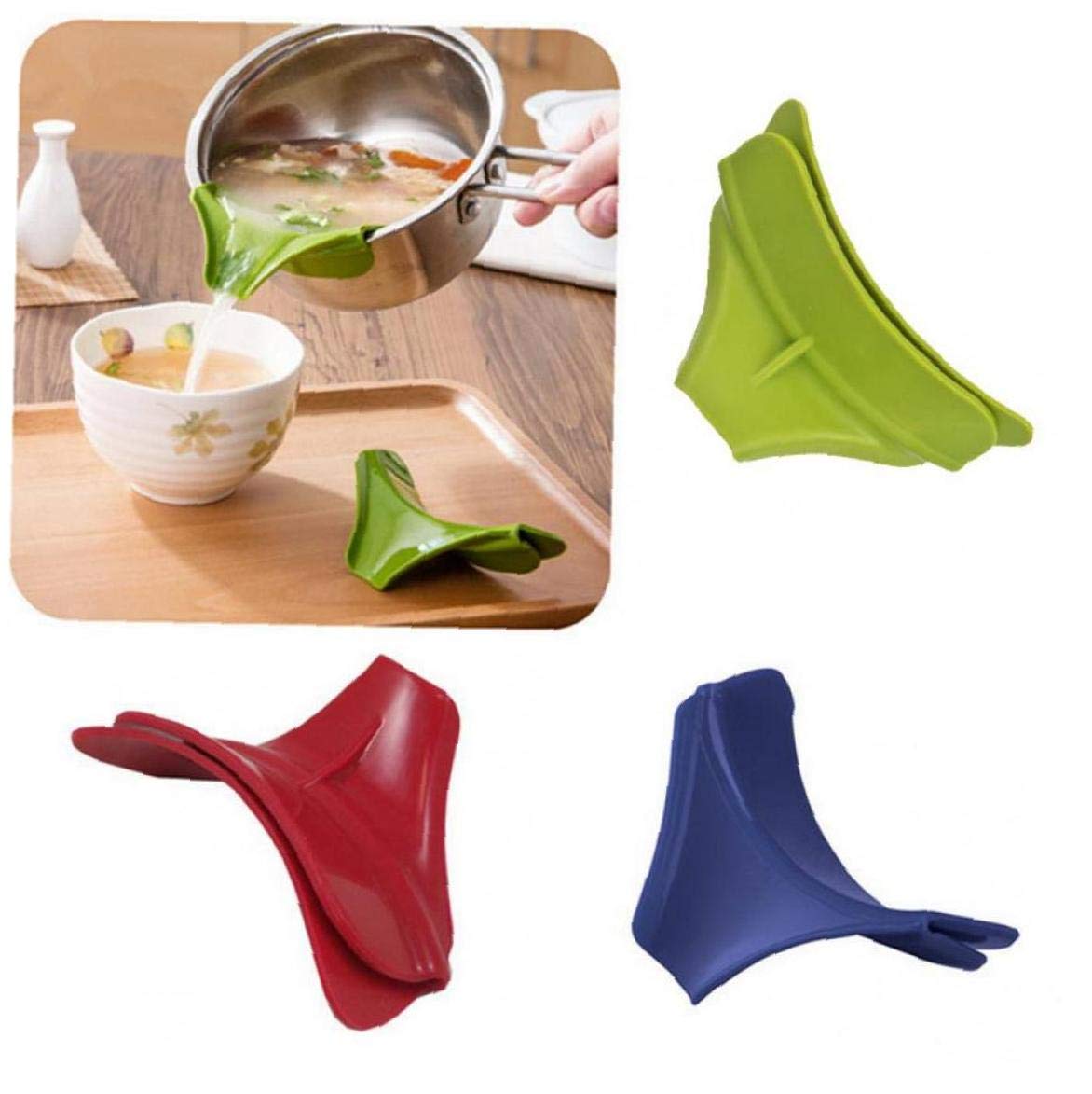 Casecover Red, Dark Blue, Green Home Kitchen Anti-Spill Silicone Slip On Pour Soup Spout Funnel For Pots Pans Bowls Jars Gadget Tool Random Color