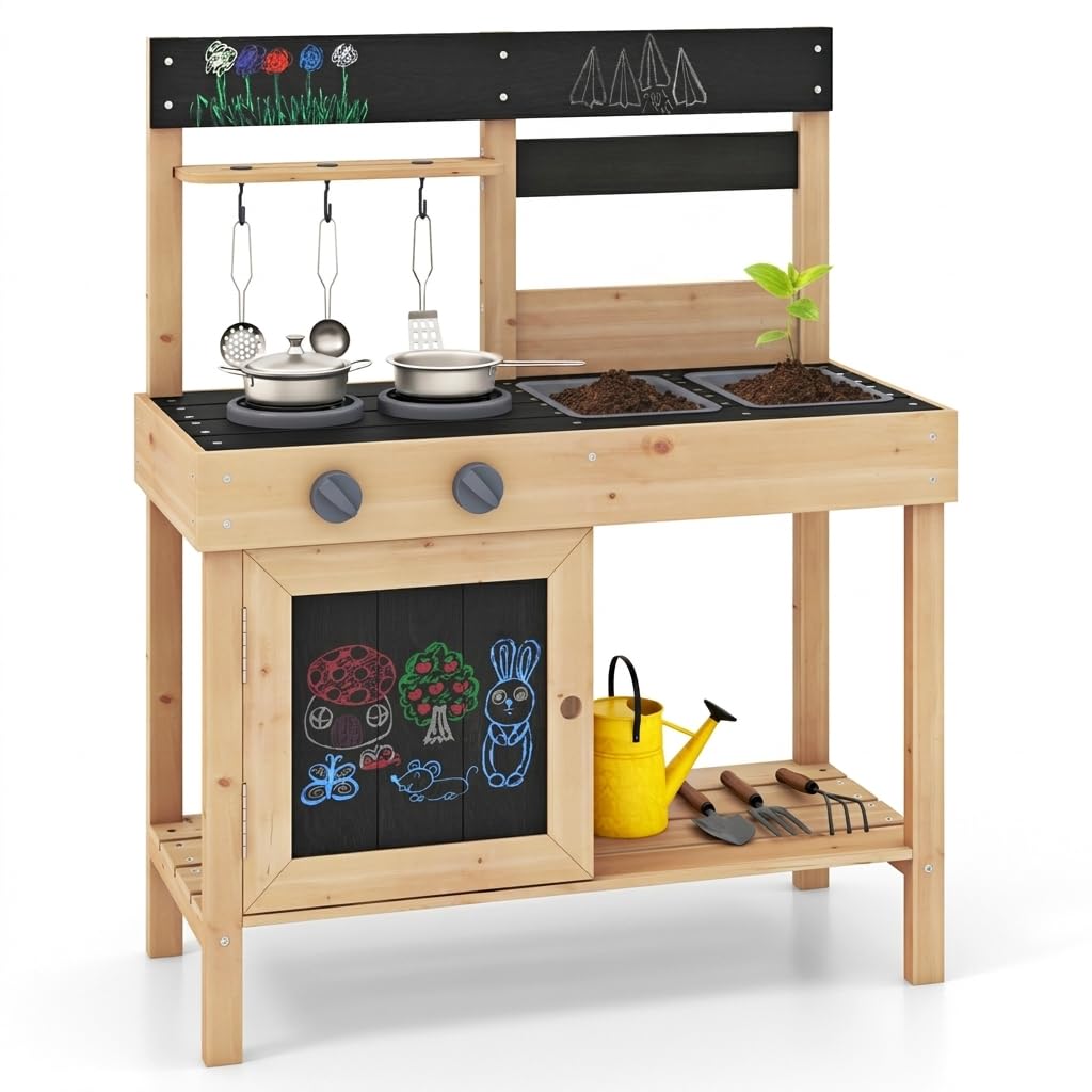 GYMAX Kids Mud Kitchen, Outdoor Fir Wood Toy Kitchen with 2 Removable Sinks, Stoves & Kitchenware, Children Cooking Role Playset for 3 Years Old+