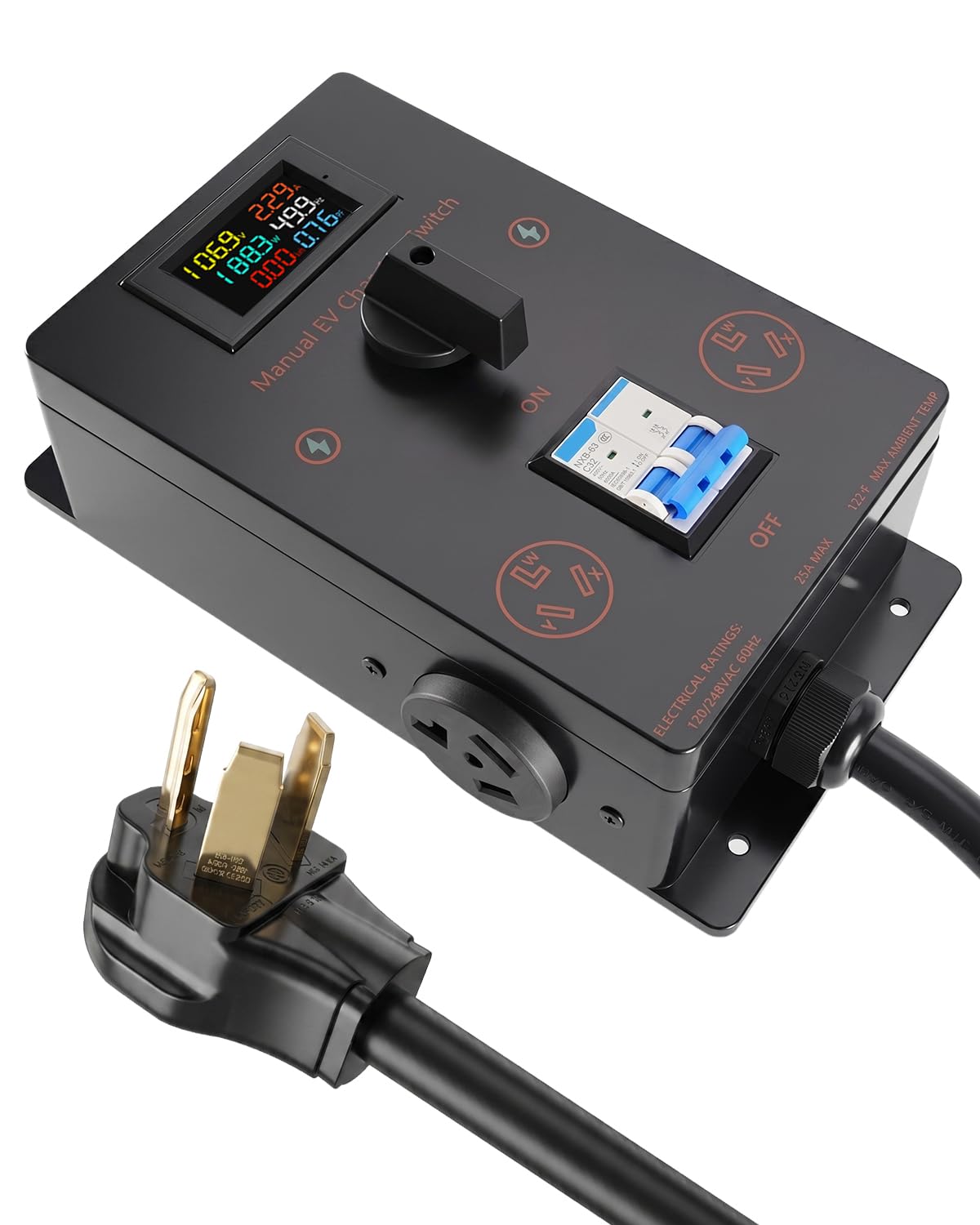 Manual EV Charger Transfer Switch for Dryer & EV with Current Monitoring | 240V 24A 5.76kW Splitter Switch, NEMA 10-30 Power Sharing Device with Breaker, Overload Protection, Hand-Operated Selector