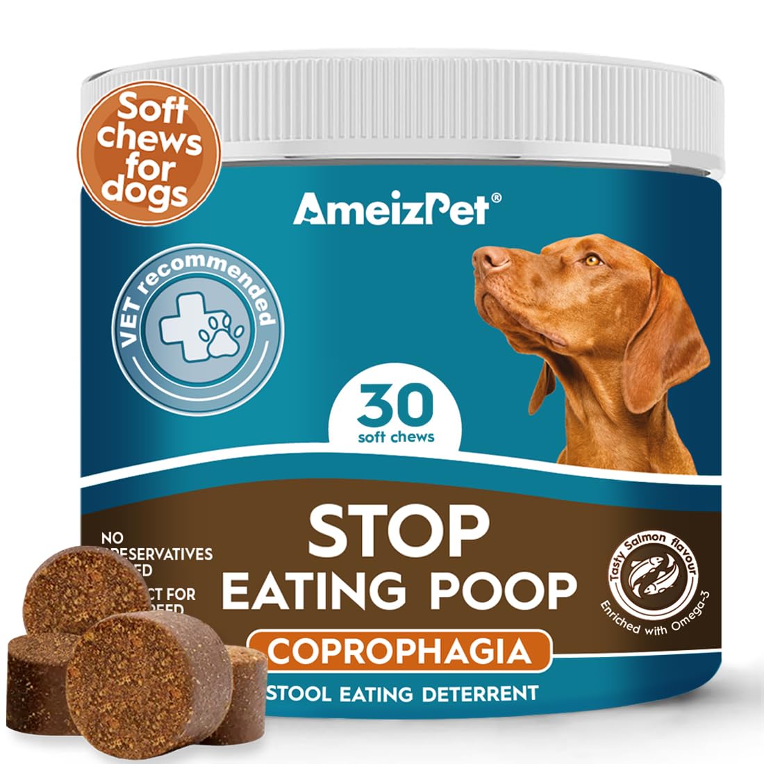 AmeizPet No Poo Treats for Dogs Stop Stool Eating Dog, Coprophagia Deterrent, Stop Dogs Eating Poop Deterrent, Digestive Enzymes, 30 Soft Dog Treats, 67.5g (2.3 Oz)
