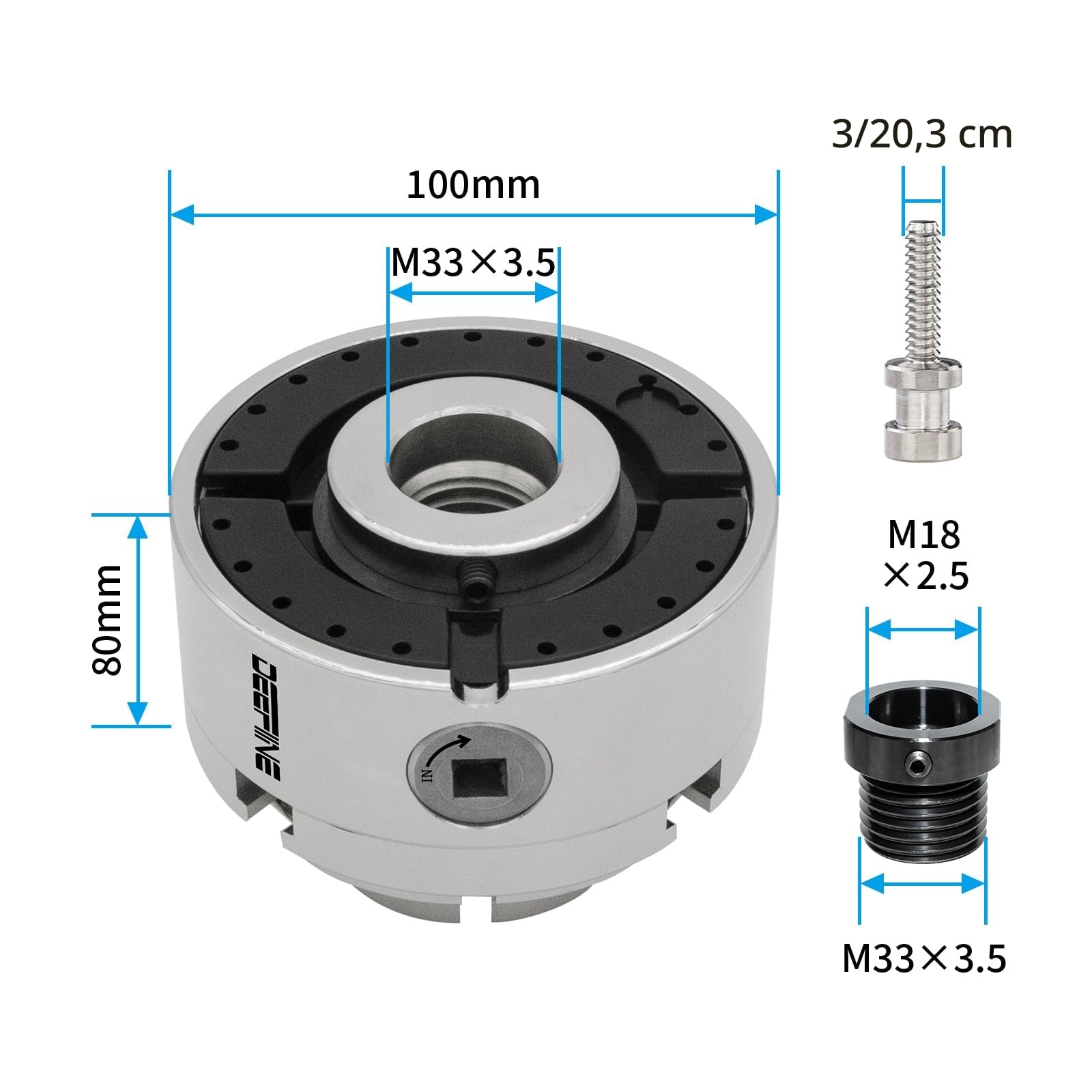 Mandrino per Tornio Professionale in Metallo Dimensioni 100mm Mandrino per Tornio a 4 Ganasce M33X3.5 e M18X2.5 per Legno
