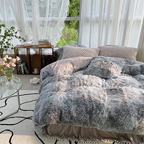 Luxury Shaggy Plush Grey Duvet Cover Set Queen Size Warm Winter Faux Fur Fluffy Velvet Bedding Set Soft Gray Fuzzy Comforter Cover For Teen Girls Boys Women Men 3 Pieces #TOP2