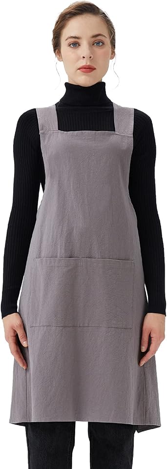 Surblue Cotton Linen Cross Back Aprons Solid Color Pinafore Japanese Apron with 2 Pockets