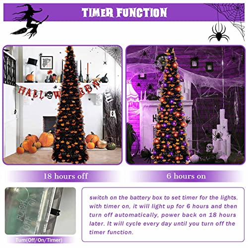 5 Ft Purple Lighted Artificial Halloween Christmas Tree With Timer-Diy 50 Led Ornament Battery Powered Pop Up Tinsel Halloween Christmas Tree With Pumpkin Sequin For Indoor Outdoor Home Party #TOP2