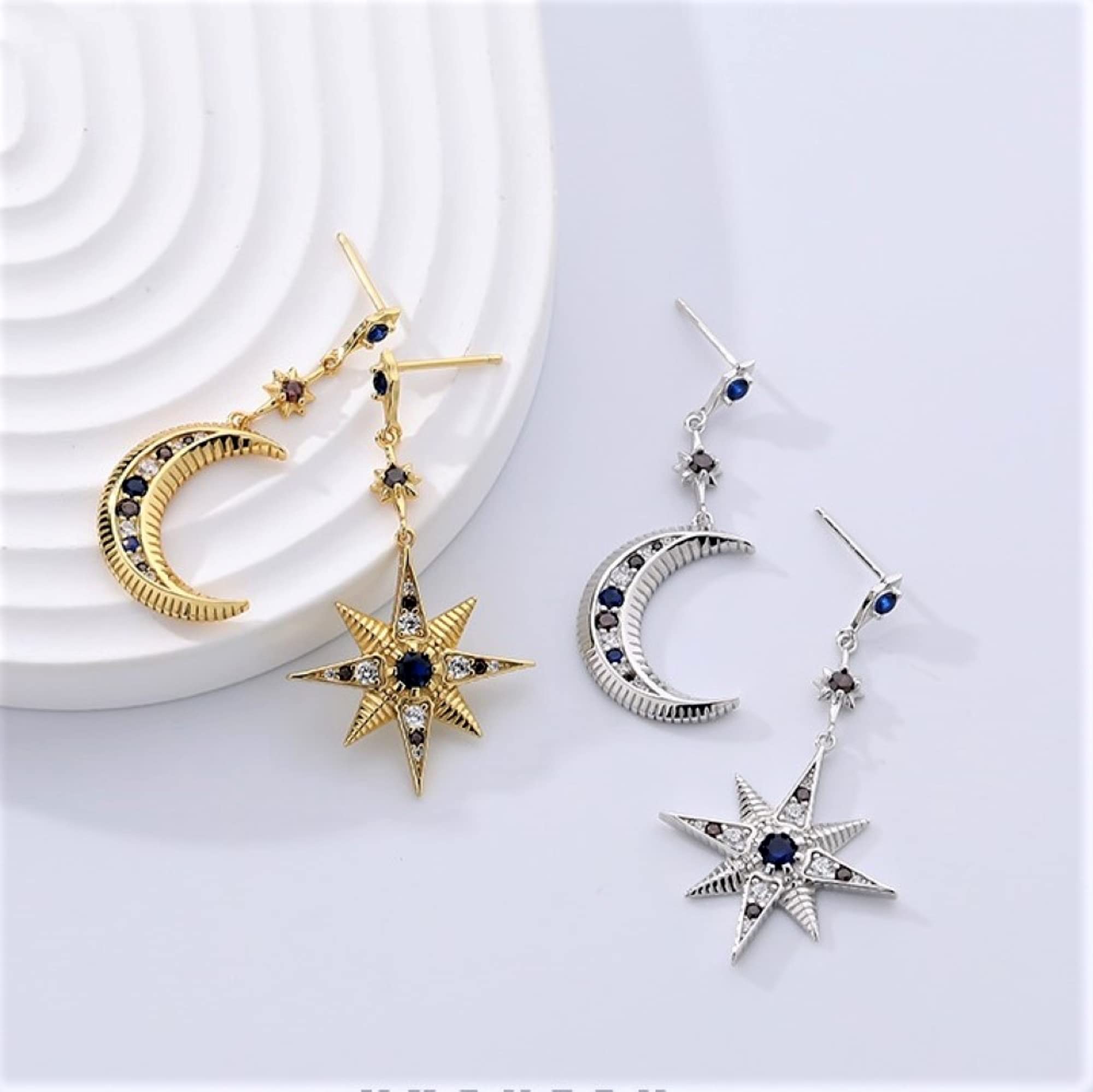 Orecchini Zirconi Cubici in Argento Sterling 925 per Donna, Orecchini Pendenti a Forma di Stella della Luna e del Sole Asimmetrici