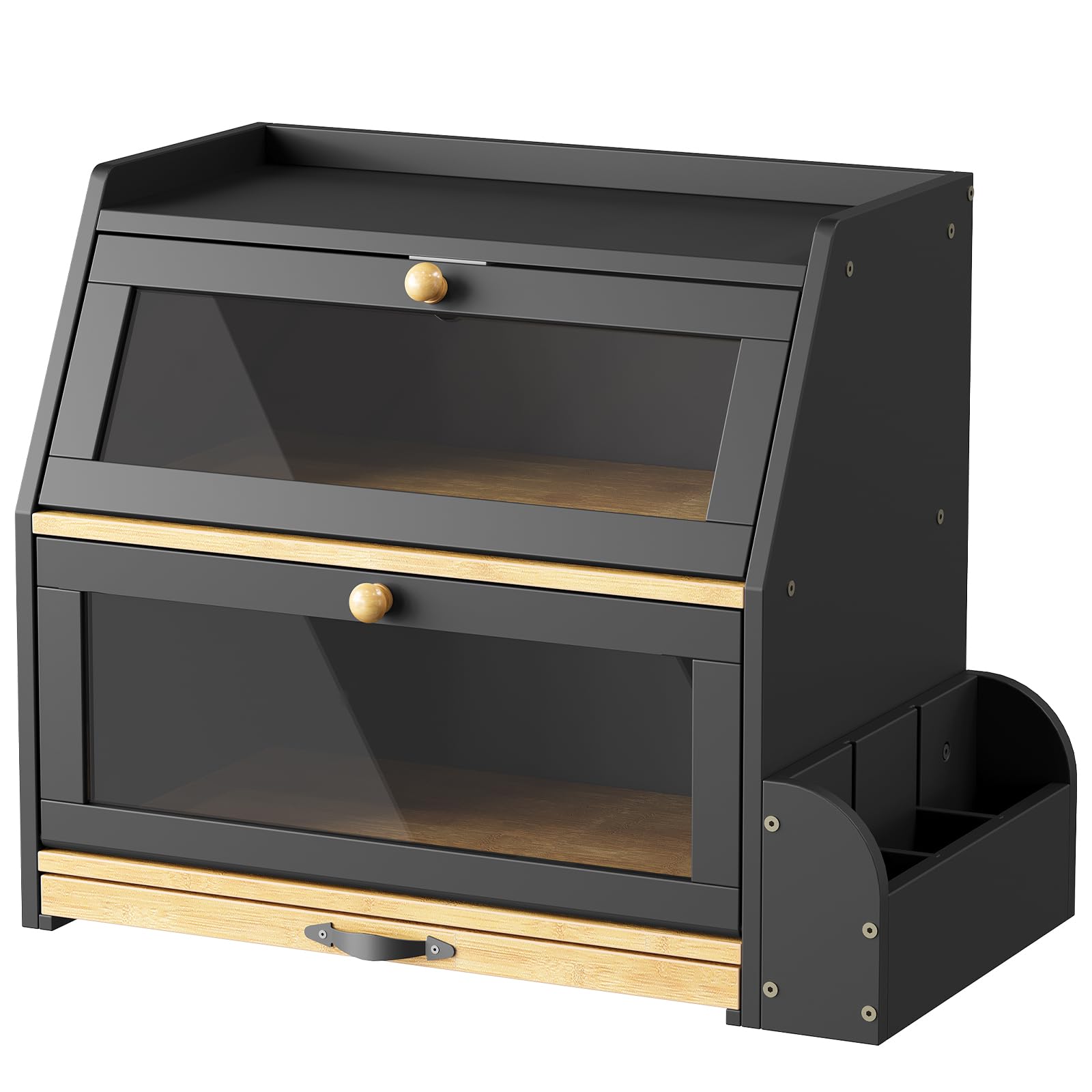 HOOBRO 2-stöckiger Brotkasten Bambus mit Schneidebrett und Besteckhalter, Brotbox mit Acryltüren, Brotkorb, Brotaufbewahrung, Brotbehälter für Küche und Esszimmer, Schwarz und Natur EBY23MB01