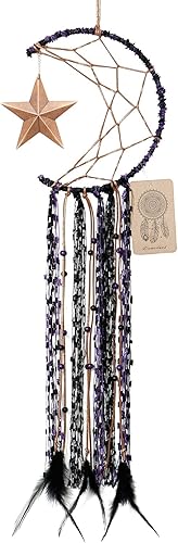 Dremisland Atrapasueños de luna hecho a mano con diseño de luna de medio círculo, atrapasueños, plumas colgantes con estrella, decoración del hogar,