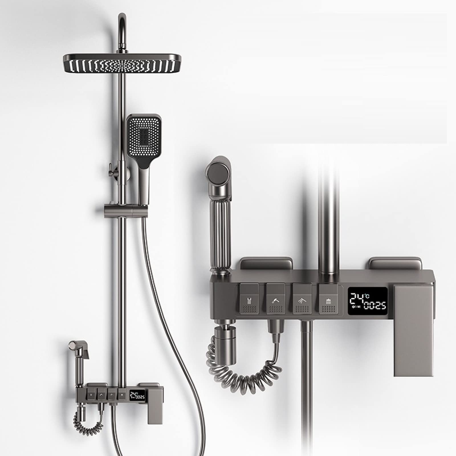 OZBMA Pvd Piano Button Gun Gray Shower Constant Temperature Digital Display Toilet Bathroom Set White,