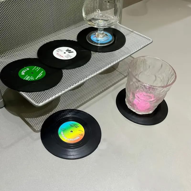 Miniatura 5 de Paquete de 6 posavasos retro para discos de vinilo, antideslizantes, aislantes, protección decorativa para habitación y mesa, decoración de fiestas