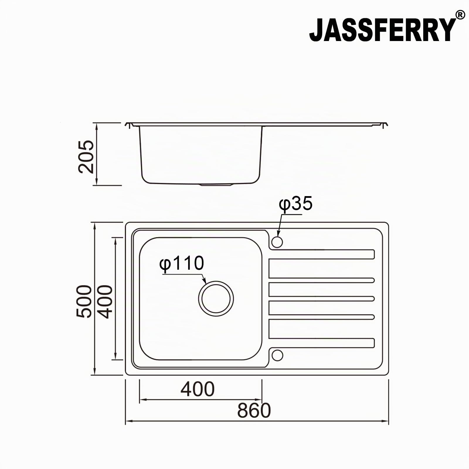JASSFERRY Fregadero de cocina un seno, de Acero Inoxidable, escurridor reversible, con colador de residuos