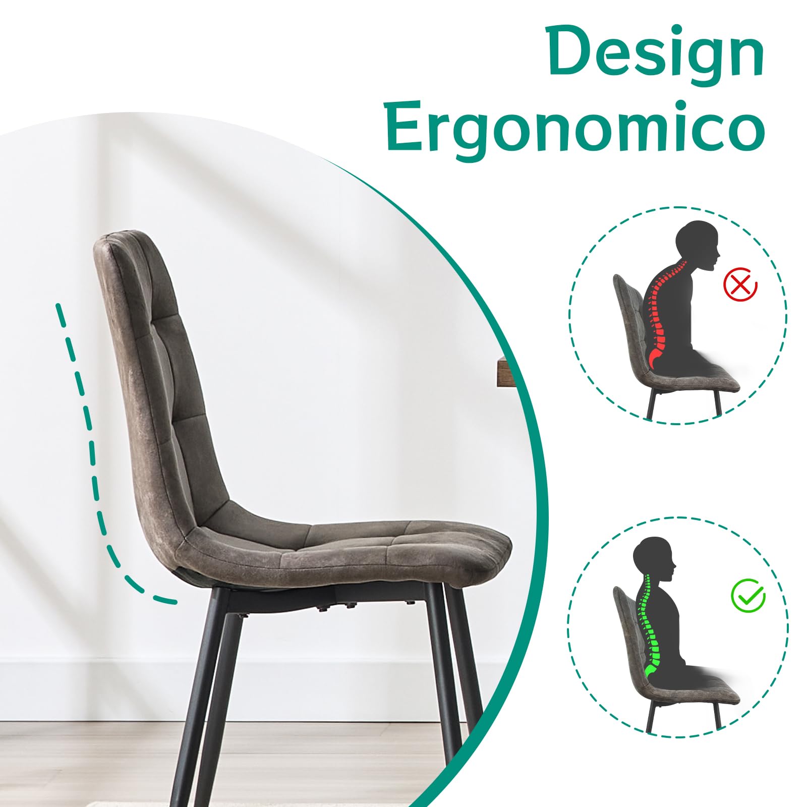 JIJIAN Set di 6 Sedie Sala da Pranzo, Sedie da Cucina in Tessuto Tecnologico, Sedie imbottite per Soggiorno con Gambe in Metallo Nero, Adatte per Sala da Pranzo, Sala d'attesa, Marrone