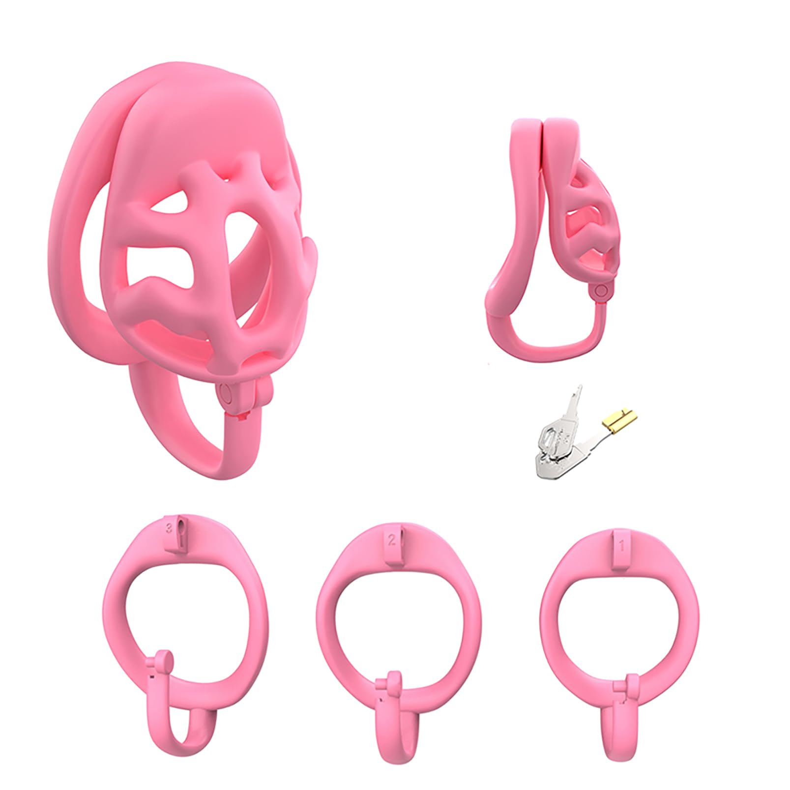 Gabbia di castità per uomini adulti - Design con gancio superiore, set di giocattoli sessuali con gabbia per il pene con 3 anelli fallici, dispositivo di castità maschile (Pink,S)