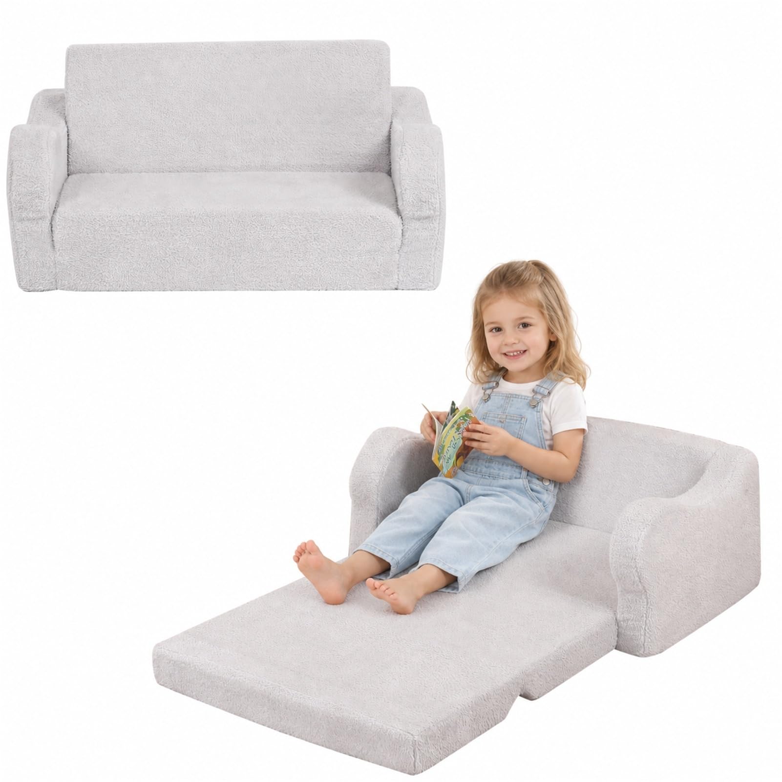 BestRoyal Extra Wide Toddler Chair, 2-in-1 Toddler Couch Fold Out, Kids Sofa Bed for Boys & Girls, Grey