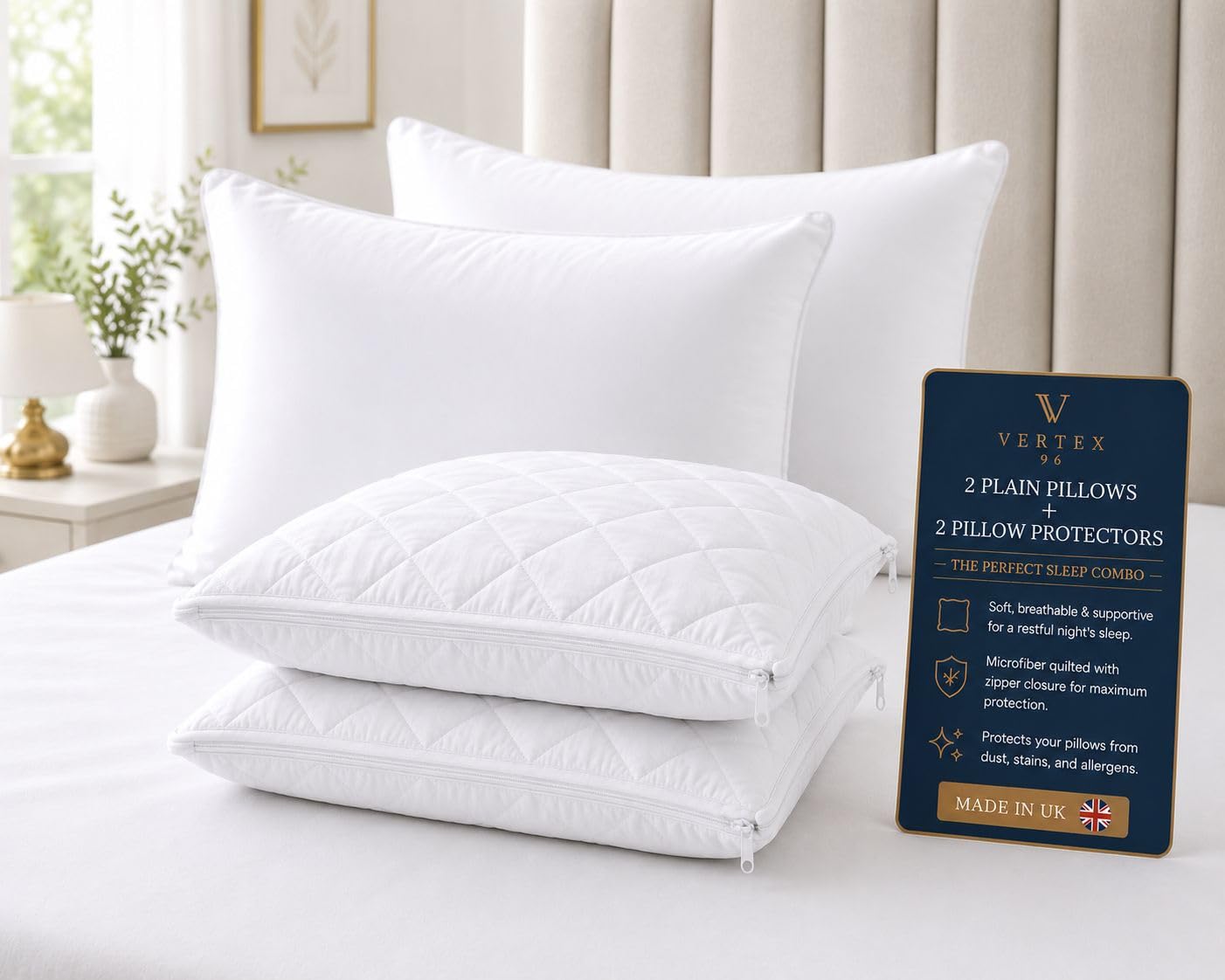 4All Pillows 2 Pack + 2 Pillow protectors with Soft Support, Luxury Plain Pillows, Pressure Relief Design, Washable & Durable, Dust Free, Odour Free Bed Pillow 48x74cm (2 Pillows + 2 Protectors)