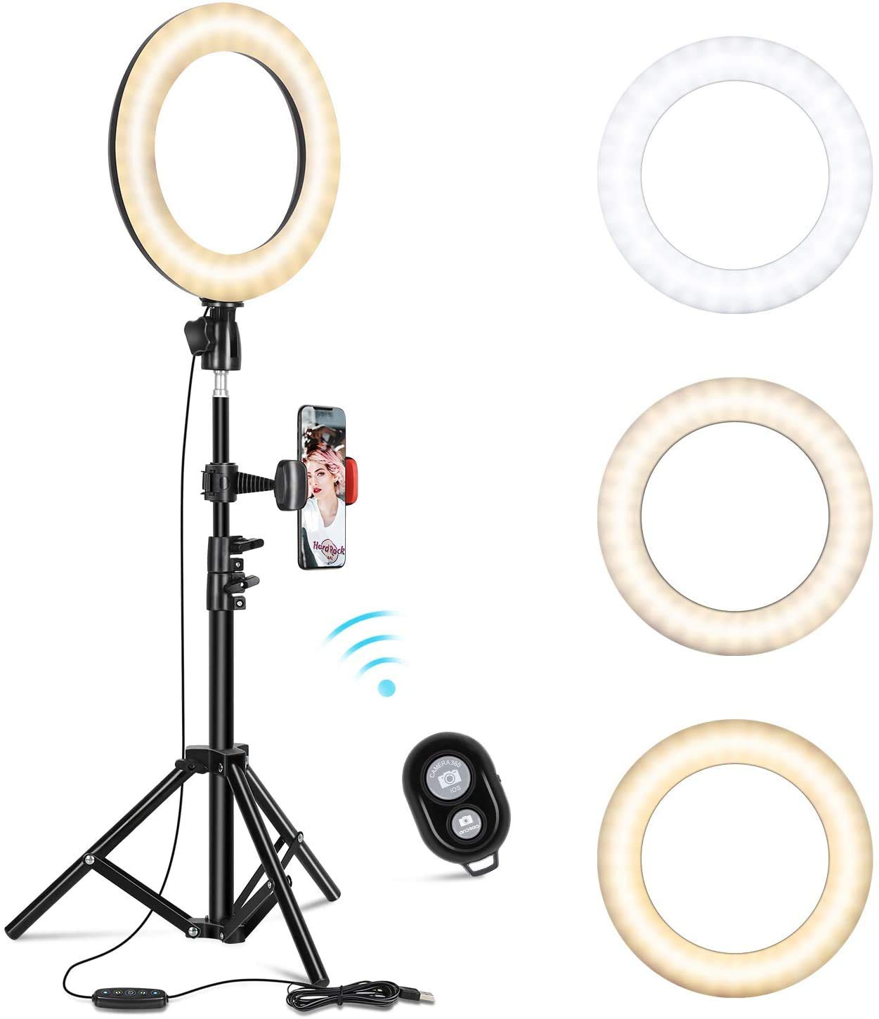 InPoTo 10.2" Selfie Ring Light with Adjustable Tripod Stand & Phone Holder for Live Stream/Makeup, 3 Modes 10 Brightness Levels with Dimmable Led Camera Beauty Ringlight for YouTube TikTok