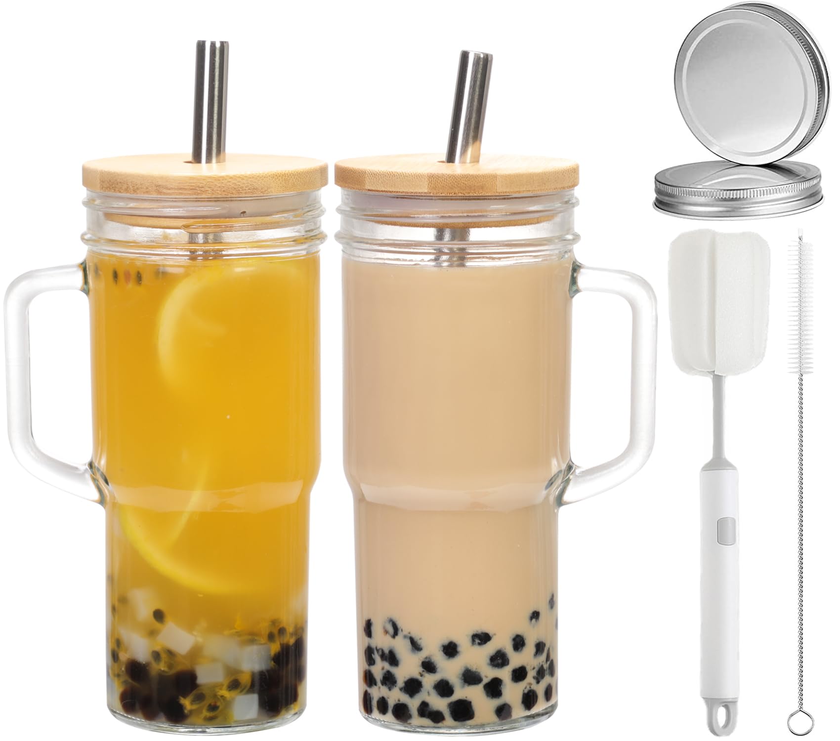 CJWLKJ 24oz 2-Pack Glass Cups with Lids and Straws, Glass Tumbler with Handle, Reusable Glass Ice Coffee Cups for Smoothies, Tea, Juice, Boba Cup for Cold & Hot Drinks, Travel Cup